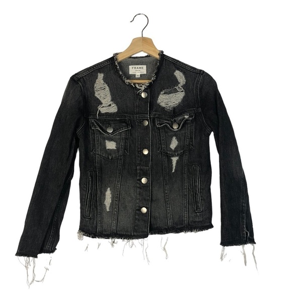 Frame Denim Gaven Black Distressed Rigid Hem Denim Jacket XS - Picture 2 of 6